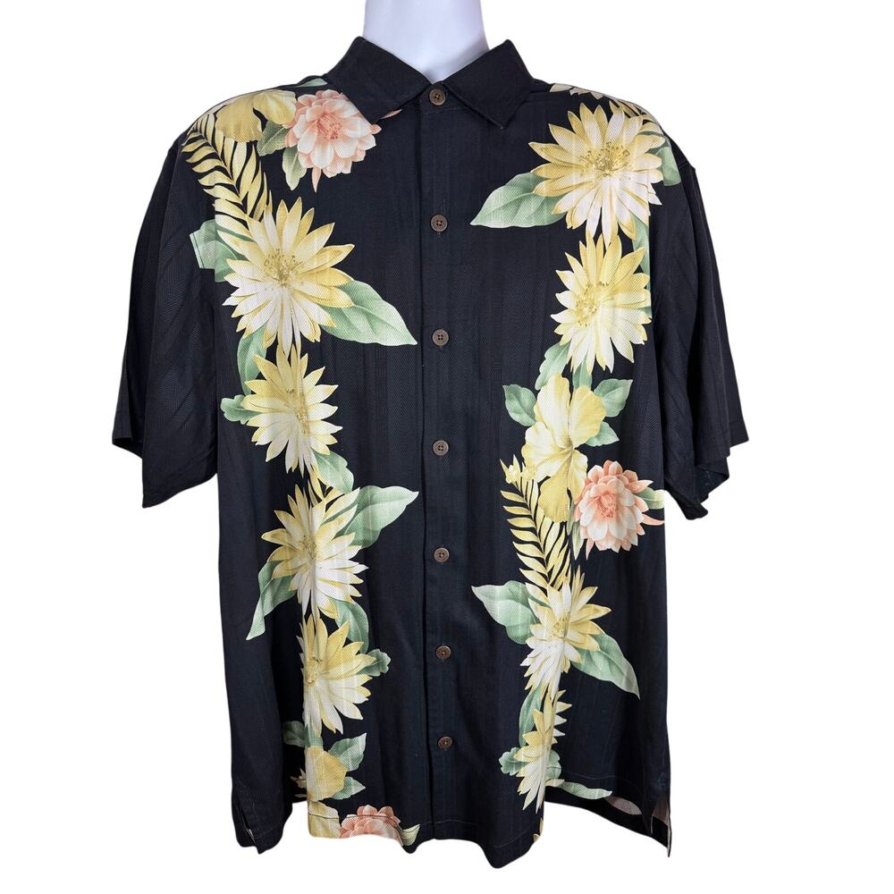 TOMMY BAHAMA Men’s Silk Hawaiian Shirt Black Floral XL
